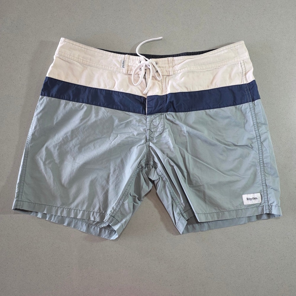 Rhythm Mens Colorblock Board Shorts Size 36 Green Blue Cream Surf Trunks